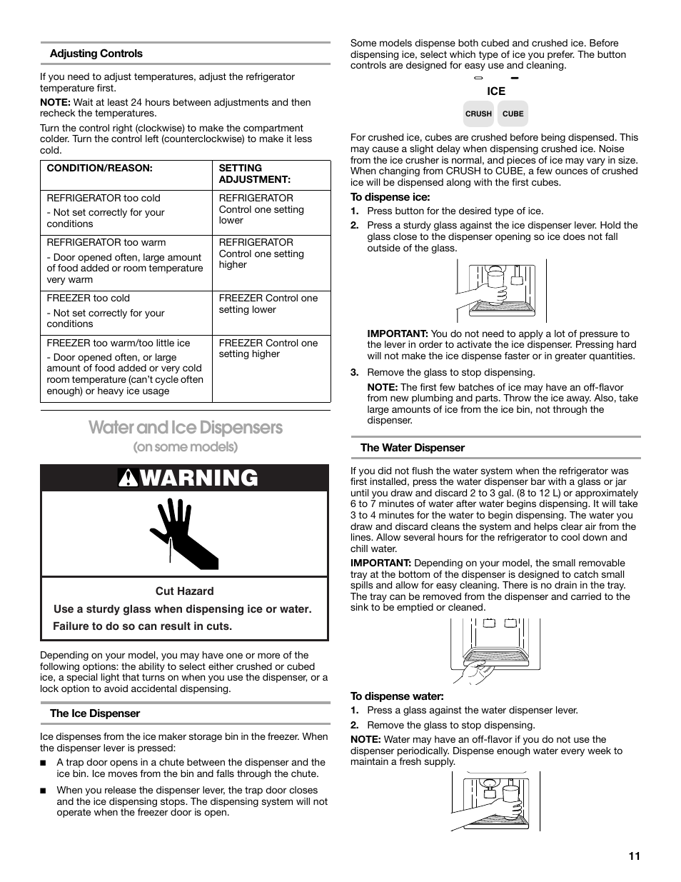 Warning, Water and ice dispensers, On some models) | Whirlpool CS20TKXNQ00 User Manual | Page 11 / 24