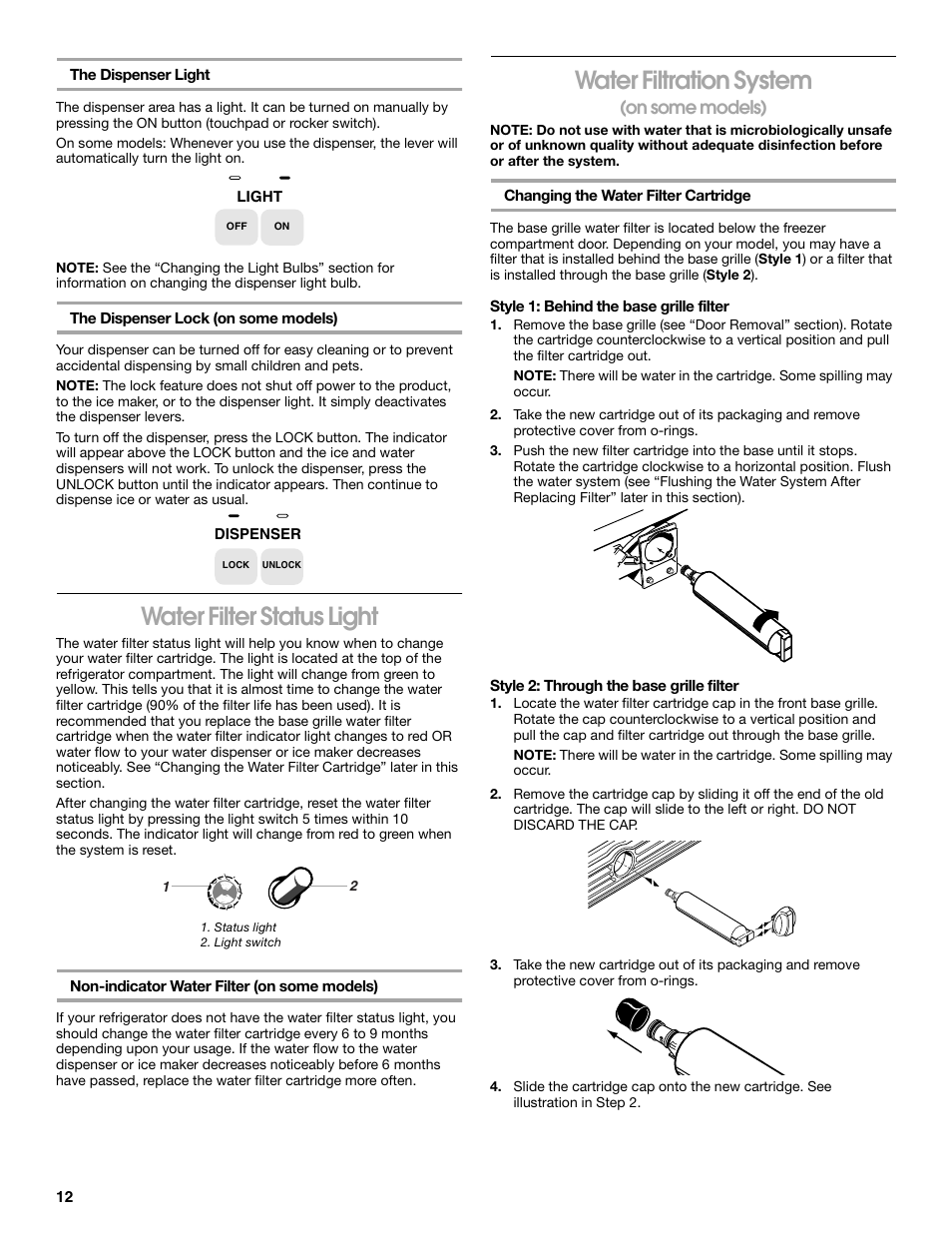 Water filter status light, Water filtration system, On some models) | Whirlpool CS20TKXNQ00 User Manual | Page 12 / 24
