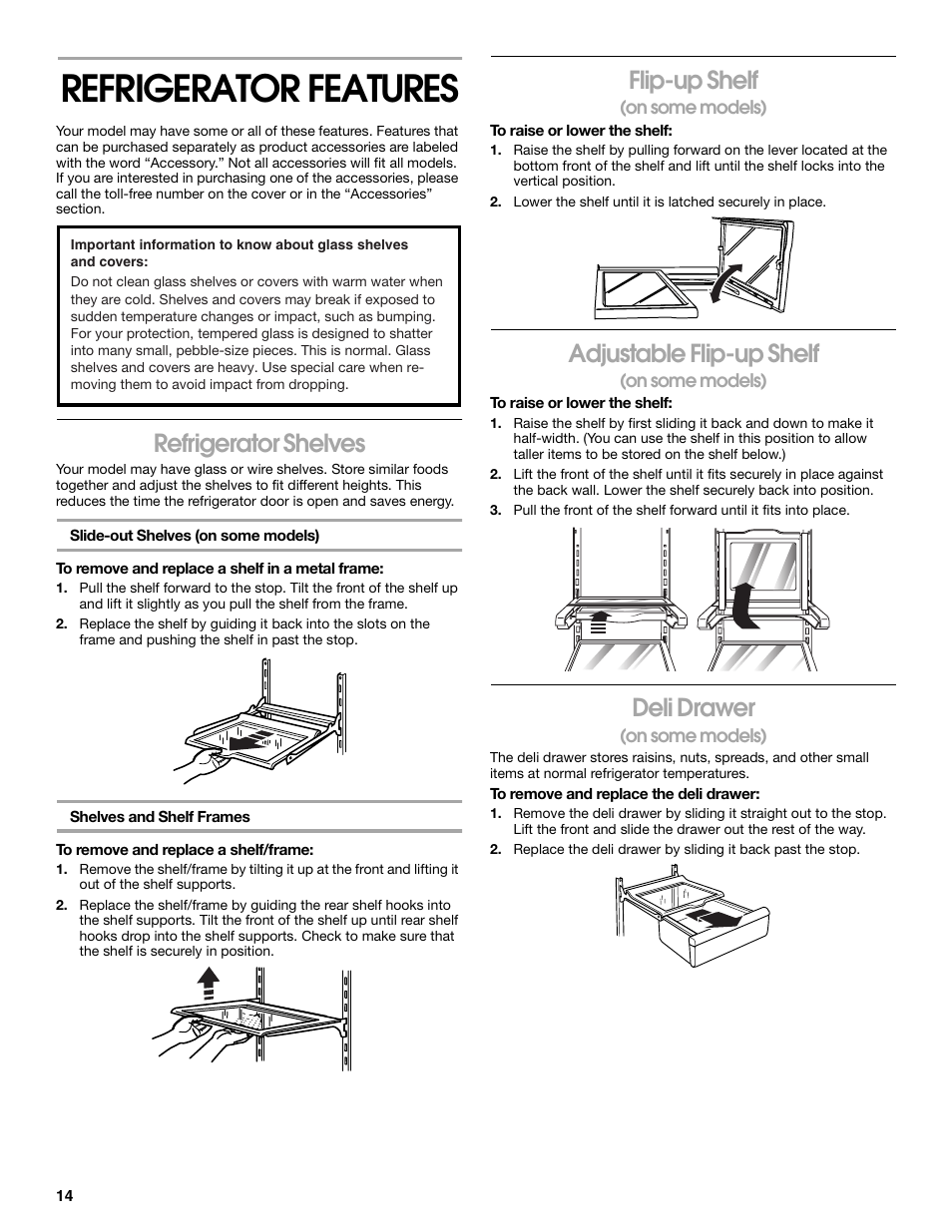 Refrigerator features, Refrigerator shelves, Flip-up shelf | Adjustable flip-up shelf, Deli drawer | Whirlpool CS20TKXNQ00 User Manual | Page 14 / 24