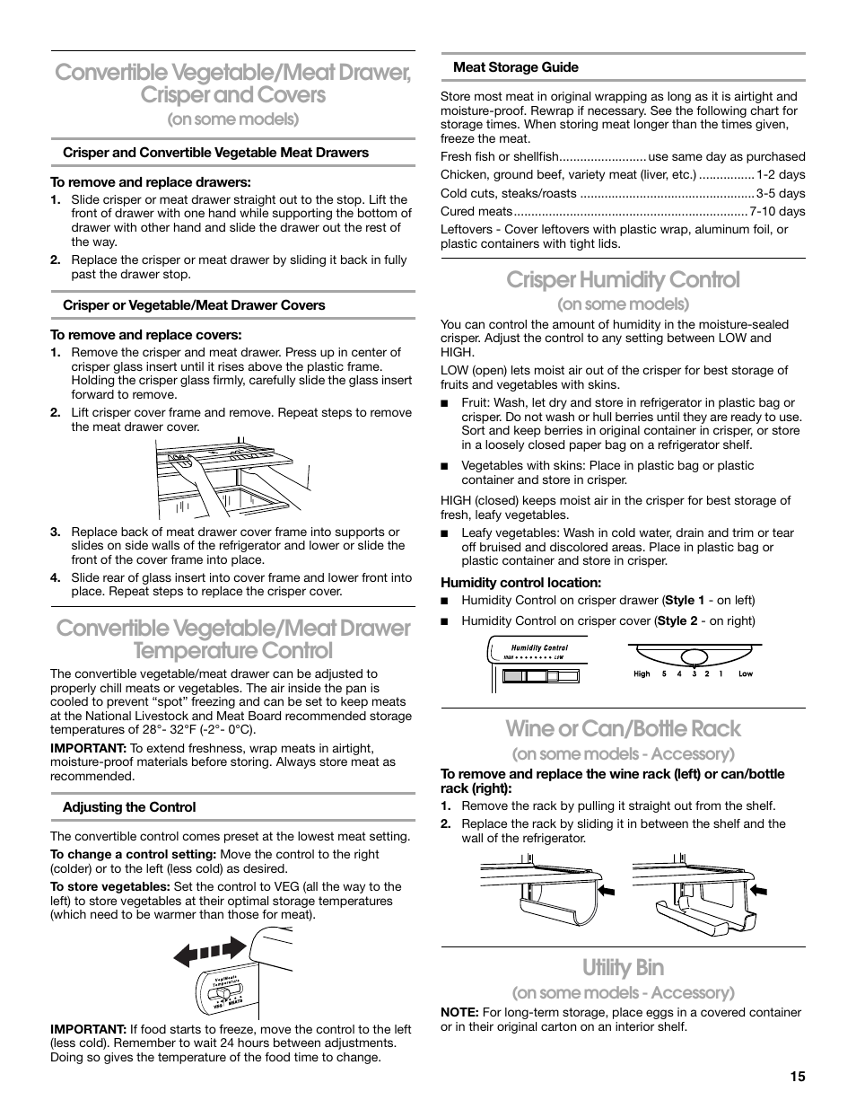Crisper humidity control, Wine or can/bottle rack, Utility bin | Whirlpool CS20TKXNQ00 User Manual | Page 15 / 24