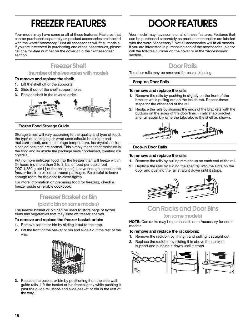 Freezer features, Door features, Freezer shelf | Freezer basket or bin, Door rails, Can racks and door bins | Whirlpool CS20TKXNQ00 User Manual | Page 16 / 24