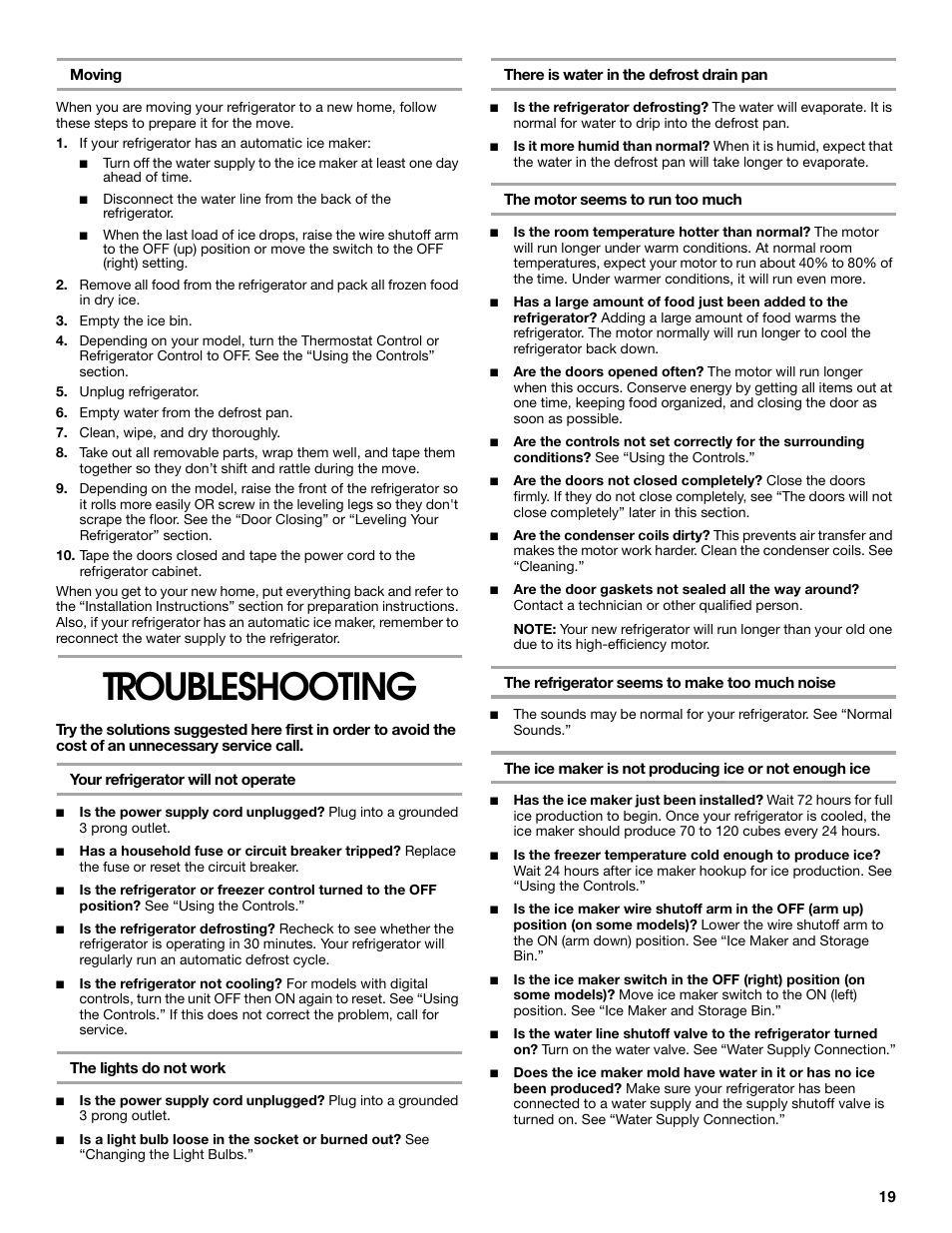 Troubleshooting | Whirlpool CS20TKXNQ00 User Manual | Page 19 / 24