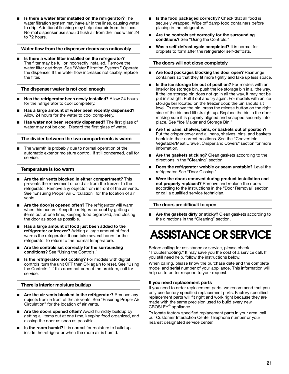 Assistance or service | Whirlpool CS20TKXNQ00 User Manual | Page 21 / 24