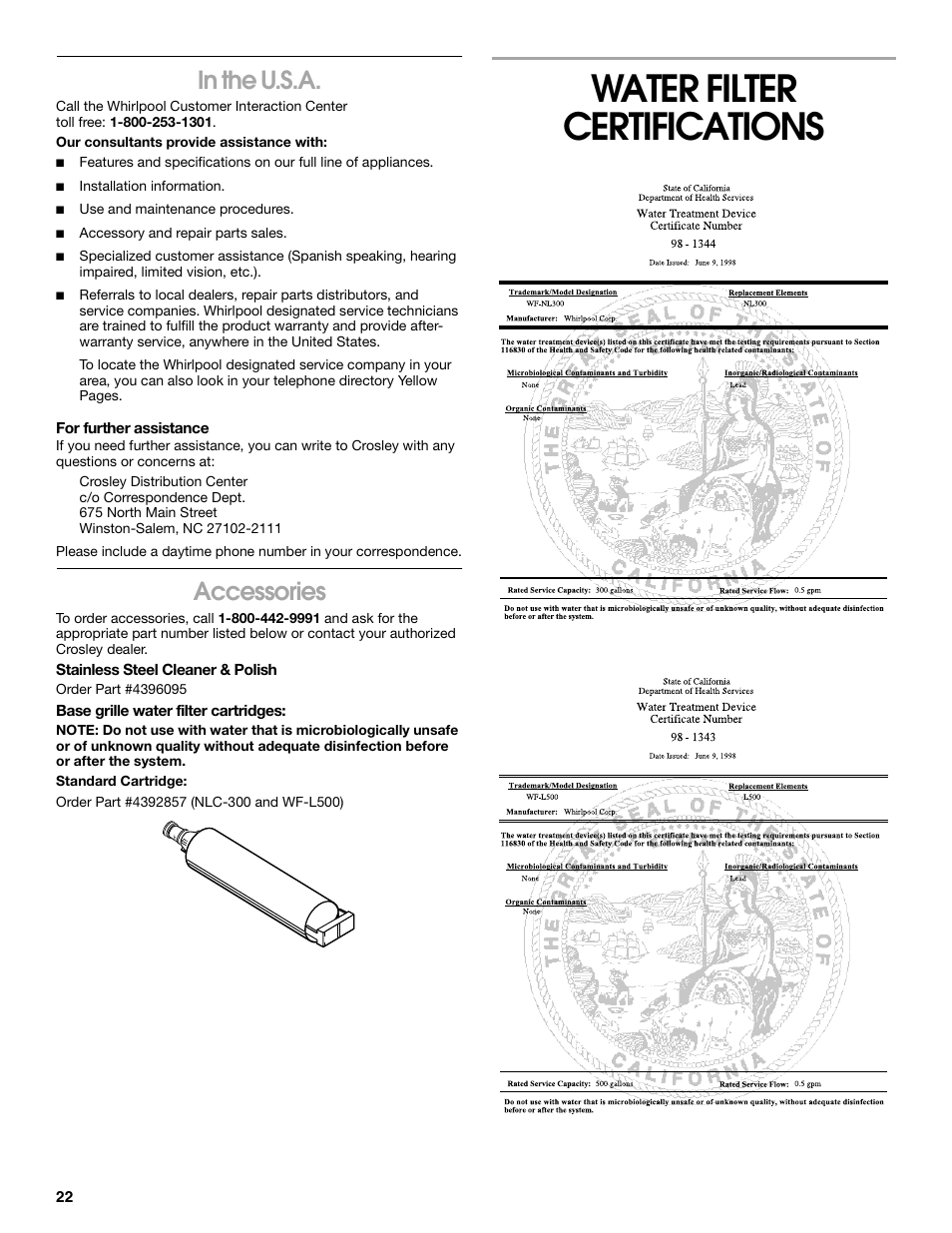 Water filter certifications, Accessories | Whirlpool CS20TKXNQ00 User Manual | Page 22 / 24