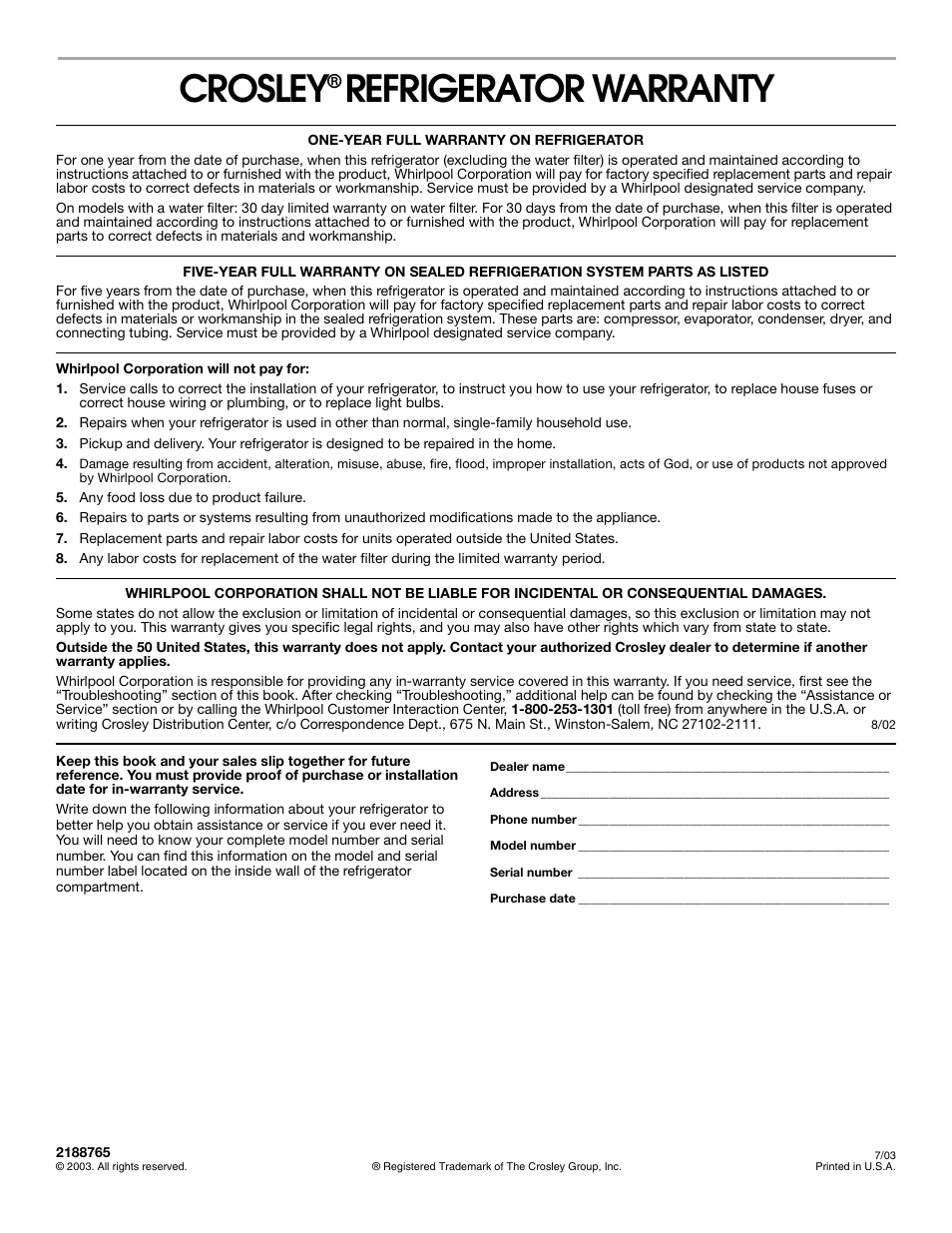 Crosley, Refrigerator warranty | Whirlpool CS20TKXNQ00 User Manual | Page 24 / 24