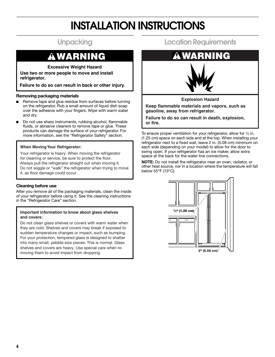 Installation instructions, Warning, Unpacking | Location requirements | Whirlpool CS20TKXNQ00 User Manual | Page 4 / 24