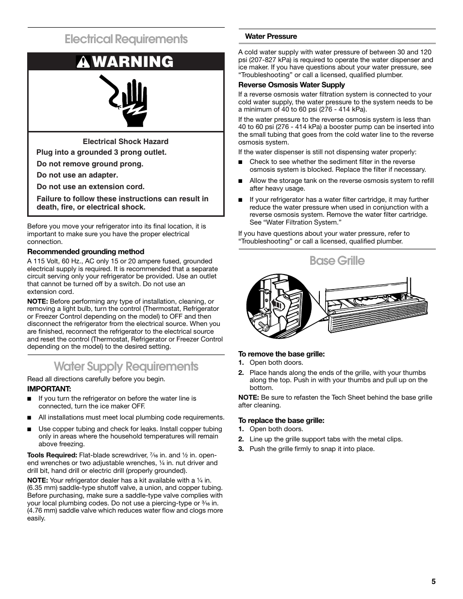 Warning, Electrical requirements, Water supply requirements | Base grille | Whirlpool CS20TKXNQ00 User Manual | Page 5 / 24