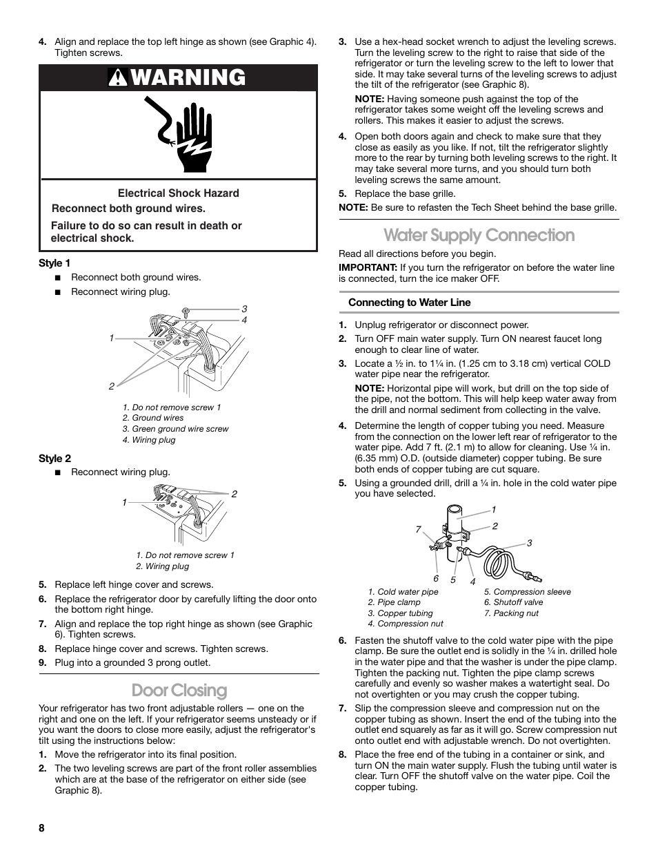 Warning, Door closing, Water supply connection | Whirlpool CS20TKXNQ00 User Manual | Page 8 / 24