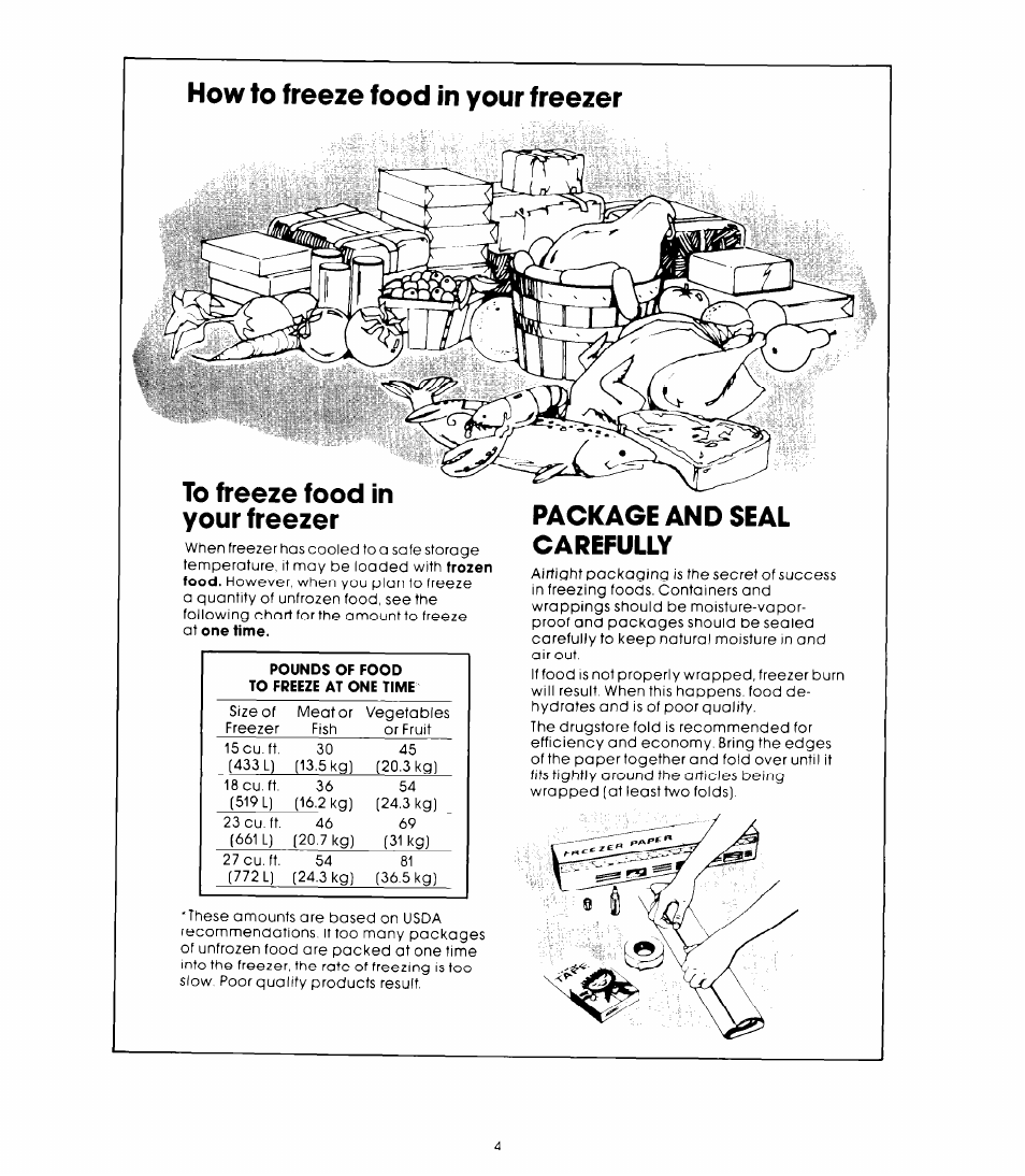 How to freeze food in your freezer, To freeze food in your freezer, Package and seal carefully | Whirlpool EHH-150F User Manual | Page 4 / 6