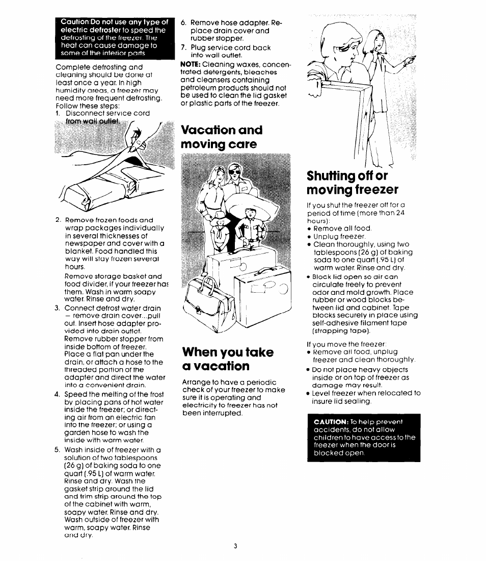 Vacation and moving care, When you take a vacation, Moving freezer | Vacation and moving care when you take a vacation | Whirlpool EHH-150F User Manual | Page 5 / 6