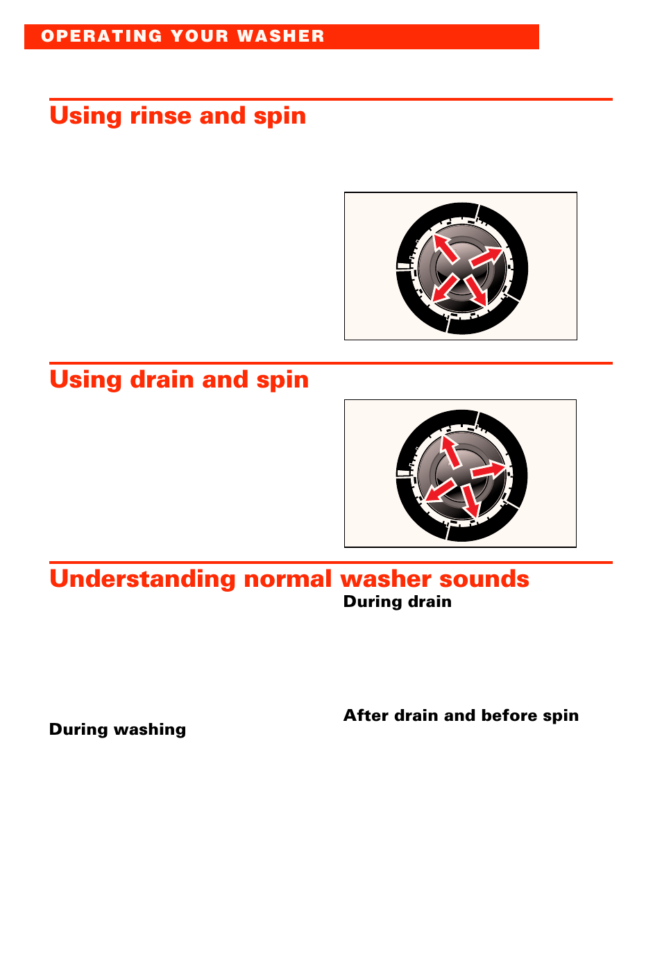 Using rinse and spin, Using drain and spin, Understanding normal washer sounds | During washing, During drain, After drain and before spin | Whirlpool LSC8244EQ0 User Manual | Page 10 / 28