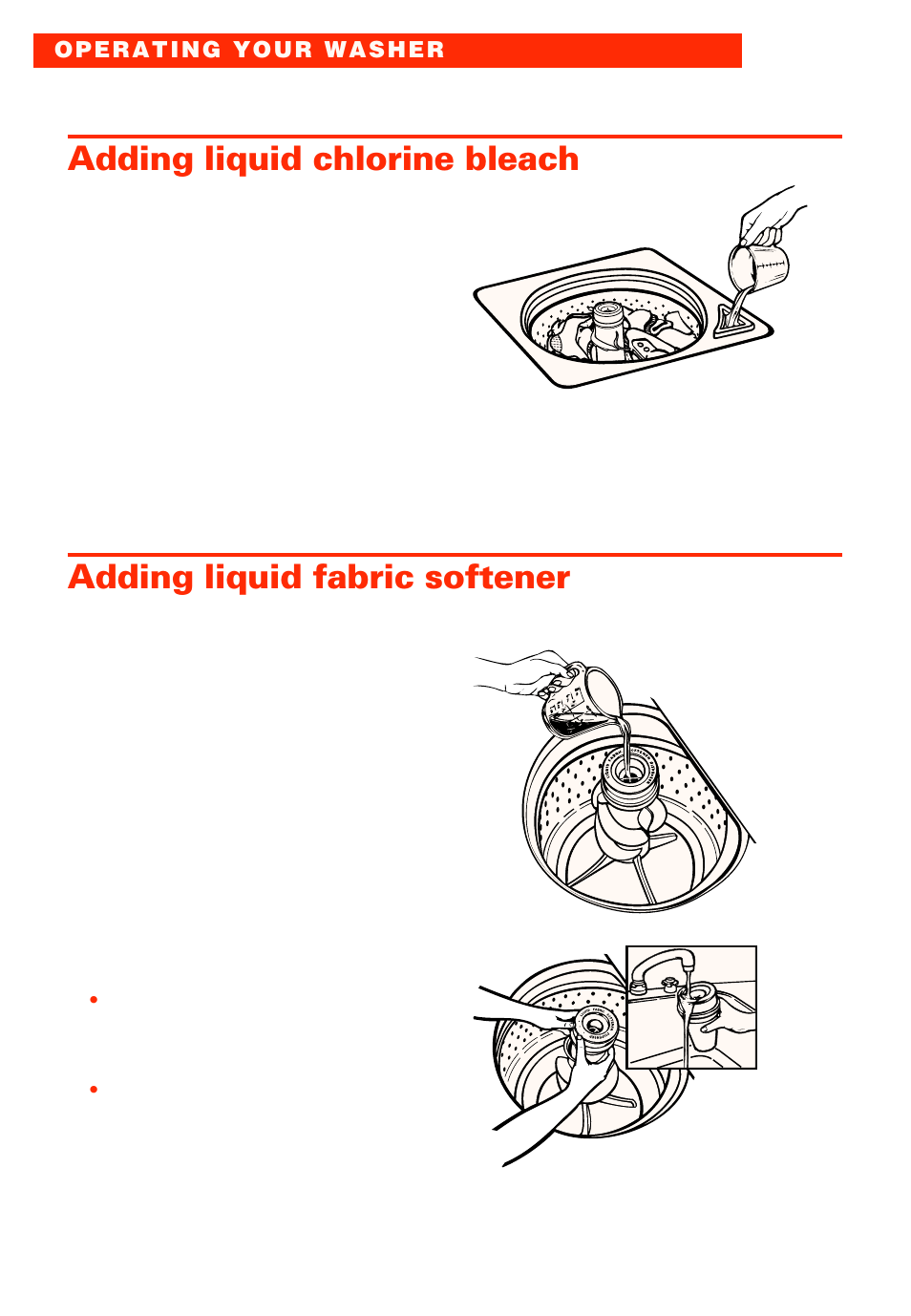 Adding liquid chlorine bleach, Adding liquid fabric softener | Whirlpool LSC8244EQ0 User Manual | Page 12 / 28