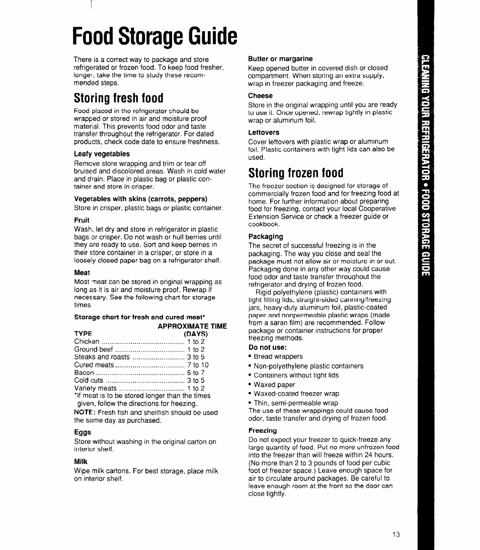 Food storage guide, Fruit, Meat | Approximate time type (days), Eggs, Milk, Butter or margarine, Cheese, Leftovers, Storing fresh food | Whirlpool ED22DK User Manual | Page 13 / 20