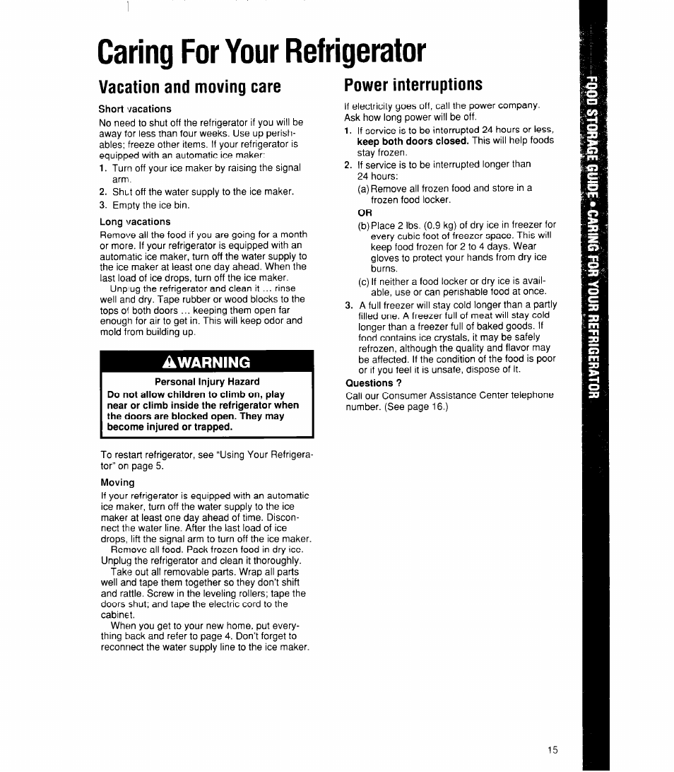 Caring for your refrigerator, Short vacations, Vacation and moving care | Awarning, Power interruptions | Whirlpool ED22DK User Manual | Page 15 / 20