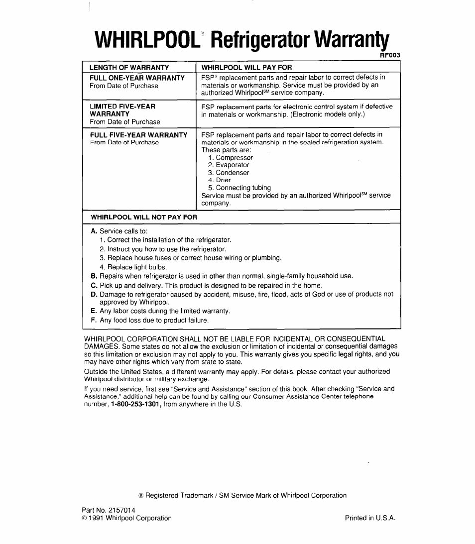 Whirlpool refrigerator warranty | Whirlpool ED22DK User Manual | Page 20 / 20