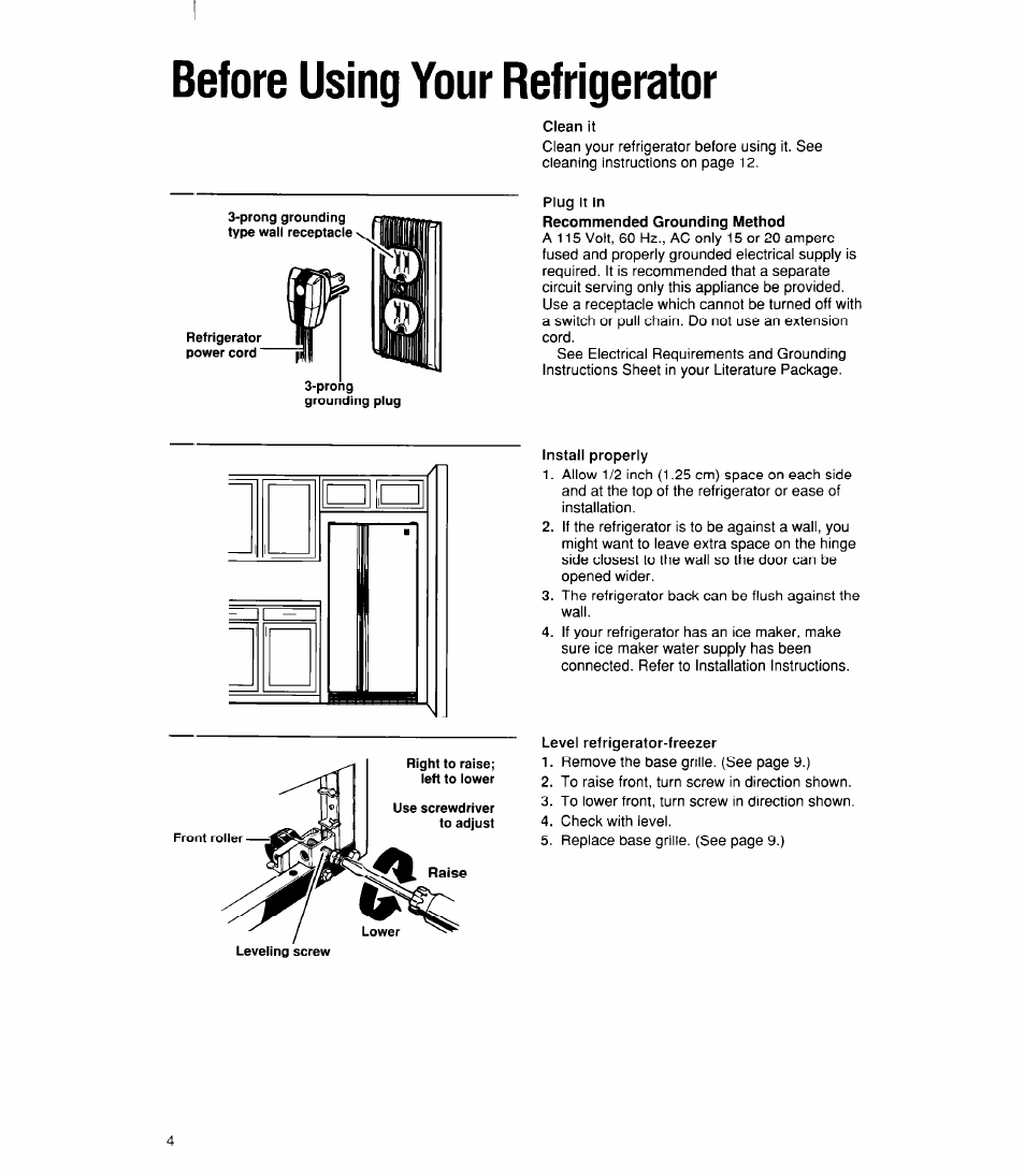 Before using your refrigerator, Clean it, Plug it in | Install properly, Level refrigerator-freezer | Whirlpool ED22DK User Manual | Page 4 / 20