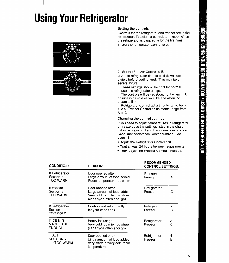 Using your refrigerator, Setting the controls | Whirlpool ED22DK User Manual | Page 5 / 20
