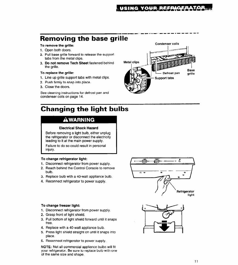 Removing the base grille, Changing the light bulbs | Whirlpool 3ED20PK User Manual | Page 11 / 20