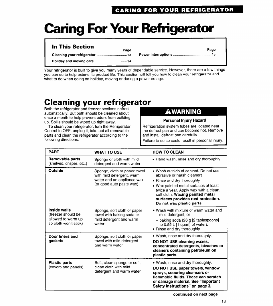 Caring for your refrigerator, Cleaning your refrigerator | Whirlpool 3ED20PK User Manual | Page 13 / 20