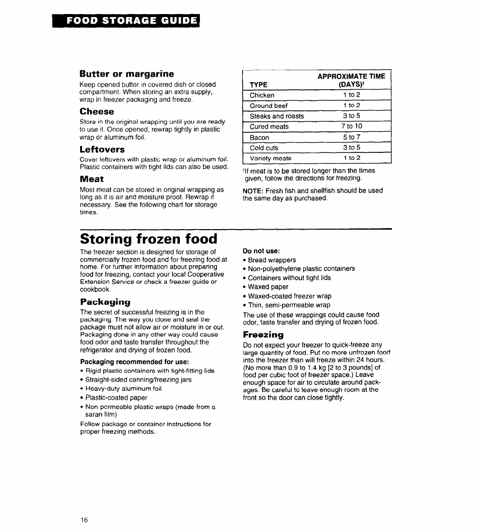 Butter or margarine, Cheese, Leftovers | Meat, Storing frozen food, Packaging, Freezing | Whirlpool 3ED20PK User Manual | Page 16 / 20