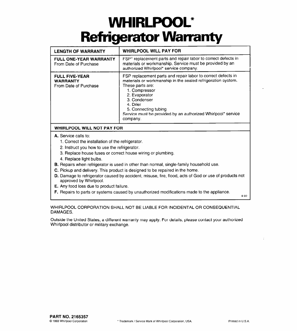 Whirlpool* refrigerator wairanty | Whirlpool 3ED20PK User Manual | Page 20 / 20