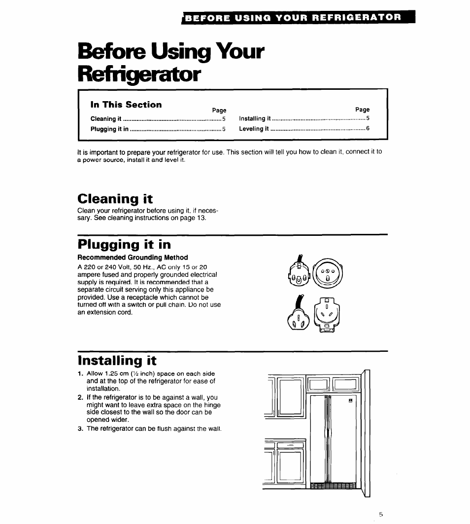 Before using your refrigerator, Cleaning it, Plugging it in | Installing it | Whirlpool 3ED20PK User Manual | Page 5 / 20