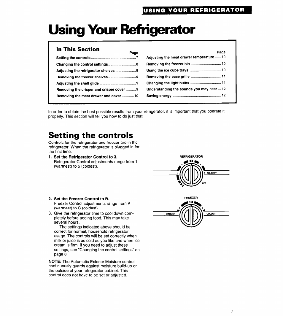 Using your refrigerator, In this section, Setting the controls | Whirlpool 3ED20PK User Manual | Page 7 / 20