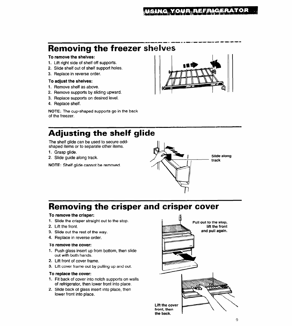 Removing the freezer shelves, Adjusting the shelf glide, Removing the crisper and crisper cover | Whirlpool 3ED20PK User Manual | Page 9 / 20