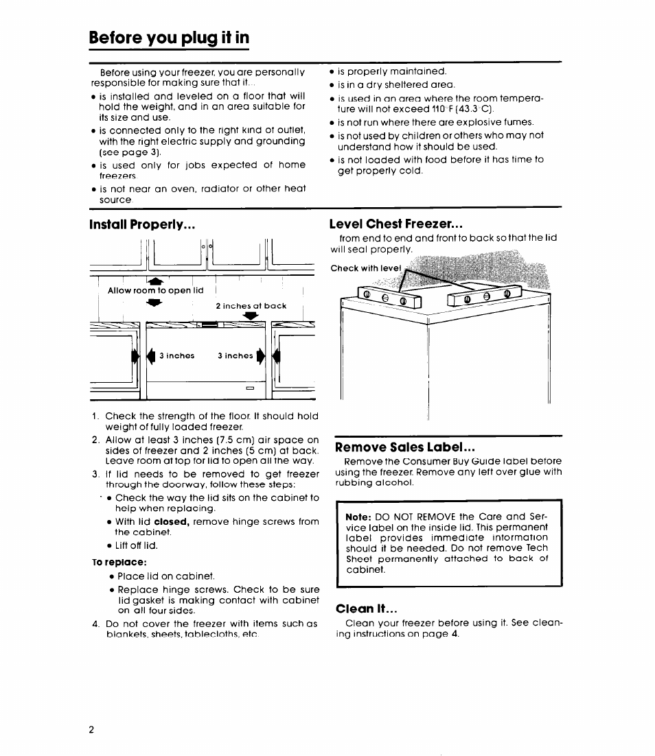 Before you plug it in, Install properly... level chest freezer, Remove sales label | Clean it | Whirlpool EH060FXK User Manual | Page 2 / 8