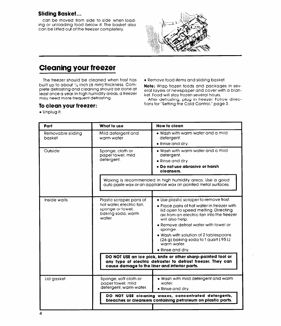 Cleaning your freezer, Sliding basket | Whirlpool EH060FXK User Manual | Page 4 / 8