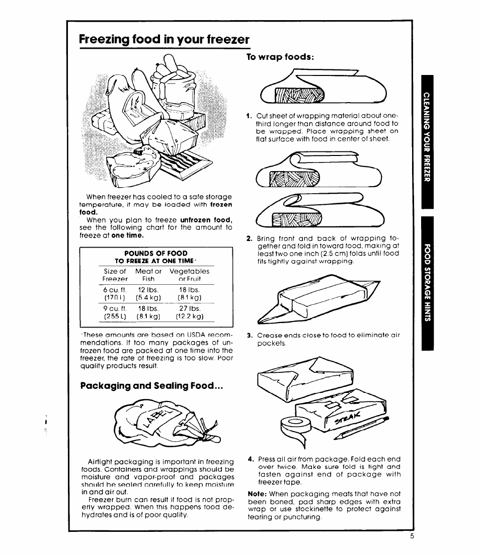 Freezing food in your freezer, Packaging and sealing food | Whirlpool EH060FXK User Manual | Page 5 / 8