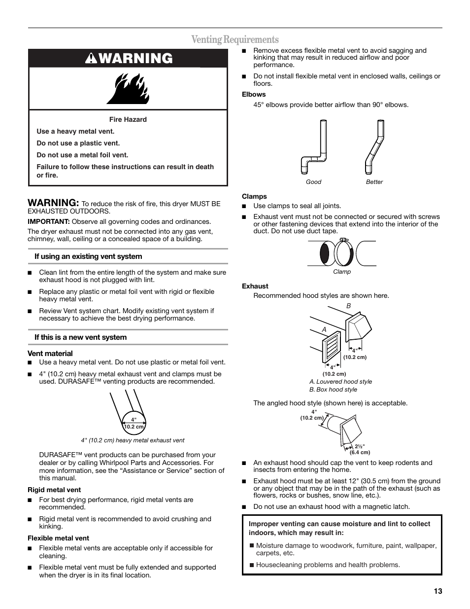 Venting requirements, Warning | Whirlpool Duet WED9500T User Manual | Page 13 / 28