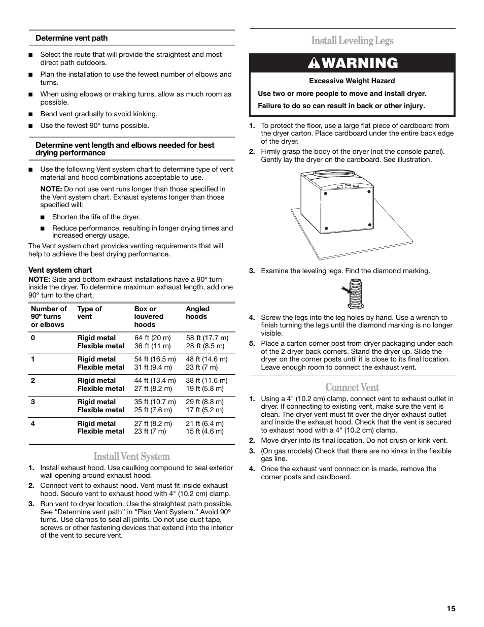 Warning, Install vent system, Install leveling legs | Connect vent | Whirlpool Duet WED9500T User Manual | Page 15 / 28