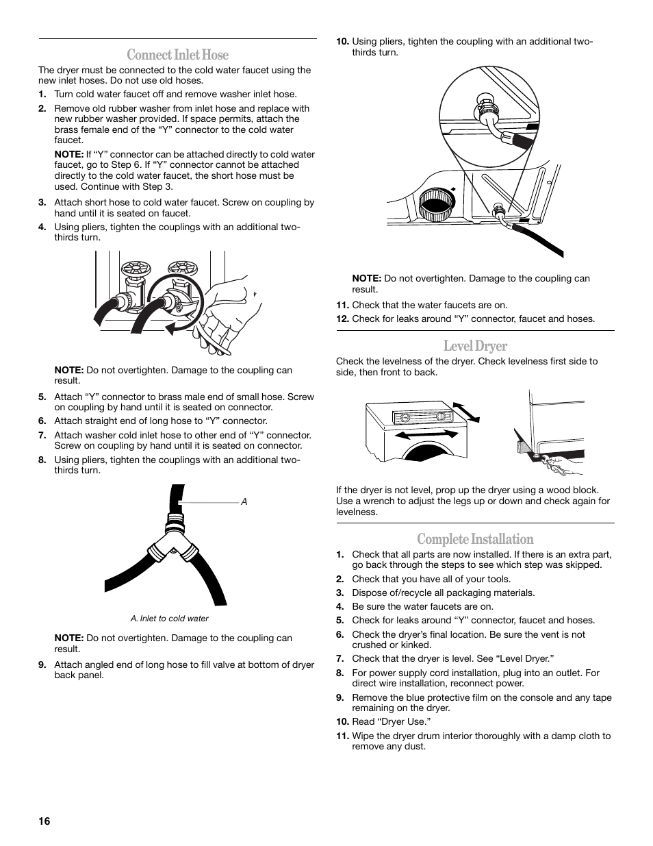 Connect inlet hose, Level dryer, Complete installation | Whirlpool Duet WED9500T User Manual | Page 16 / 28