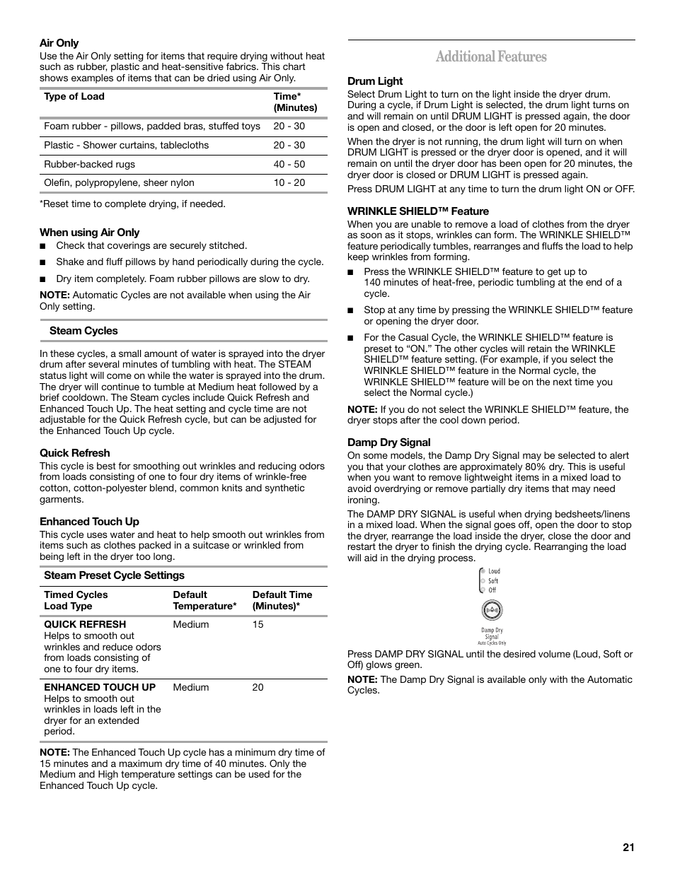 Additional features | Whirlpool Duet WED9500T User Manual | Page 21 / 28