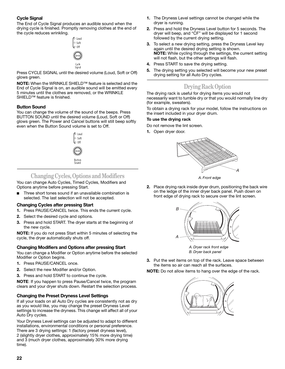 Changing cycles, options and modifiers, Drying rack option | Whirlpool Duet WED9500T User Manual | Page 22 / 28
