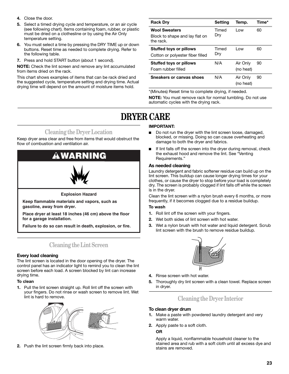Dryer care, Warning, Cleaning the dryer location | Cleaning the lint screen, Cleaning the dryer interior | Whirlpool Duet WED9500T User Manual | Page 23 / 28