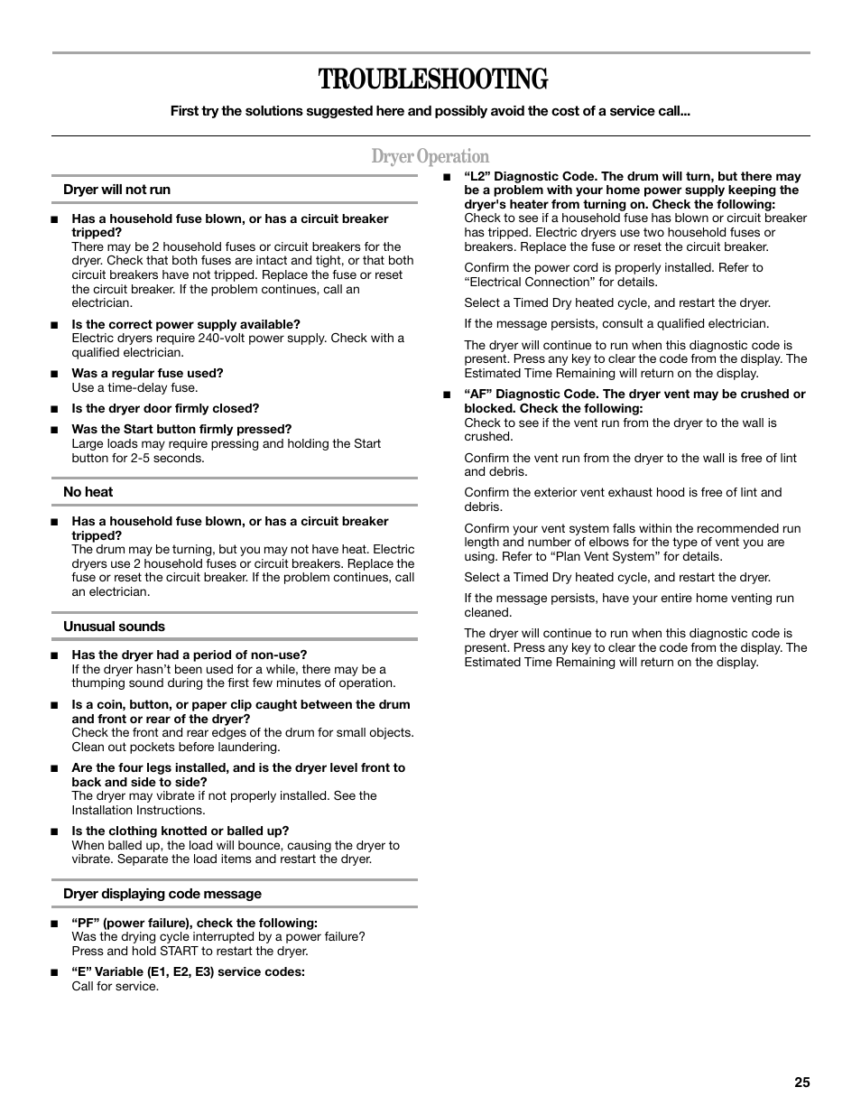 Troubleshooting, Dryer operation | Whirlpool Duet WED9500T User Manual | Page 25 / 28