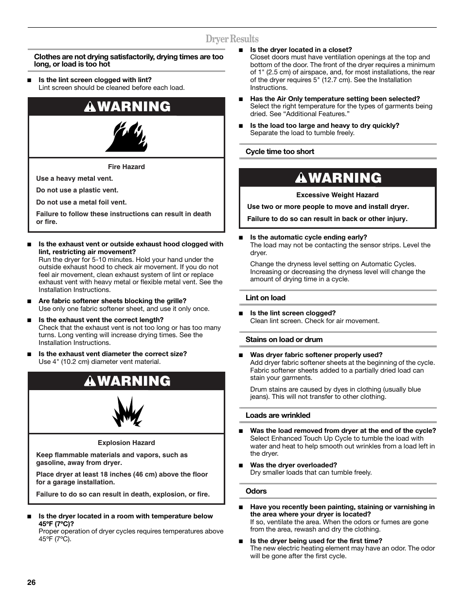 Warning, Dryer results | Whirlpool Duet WED9500T User Manual | Page 26 / 28