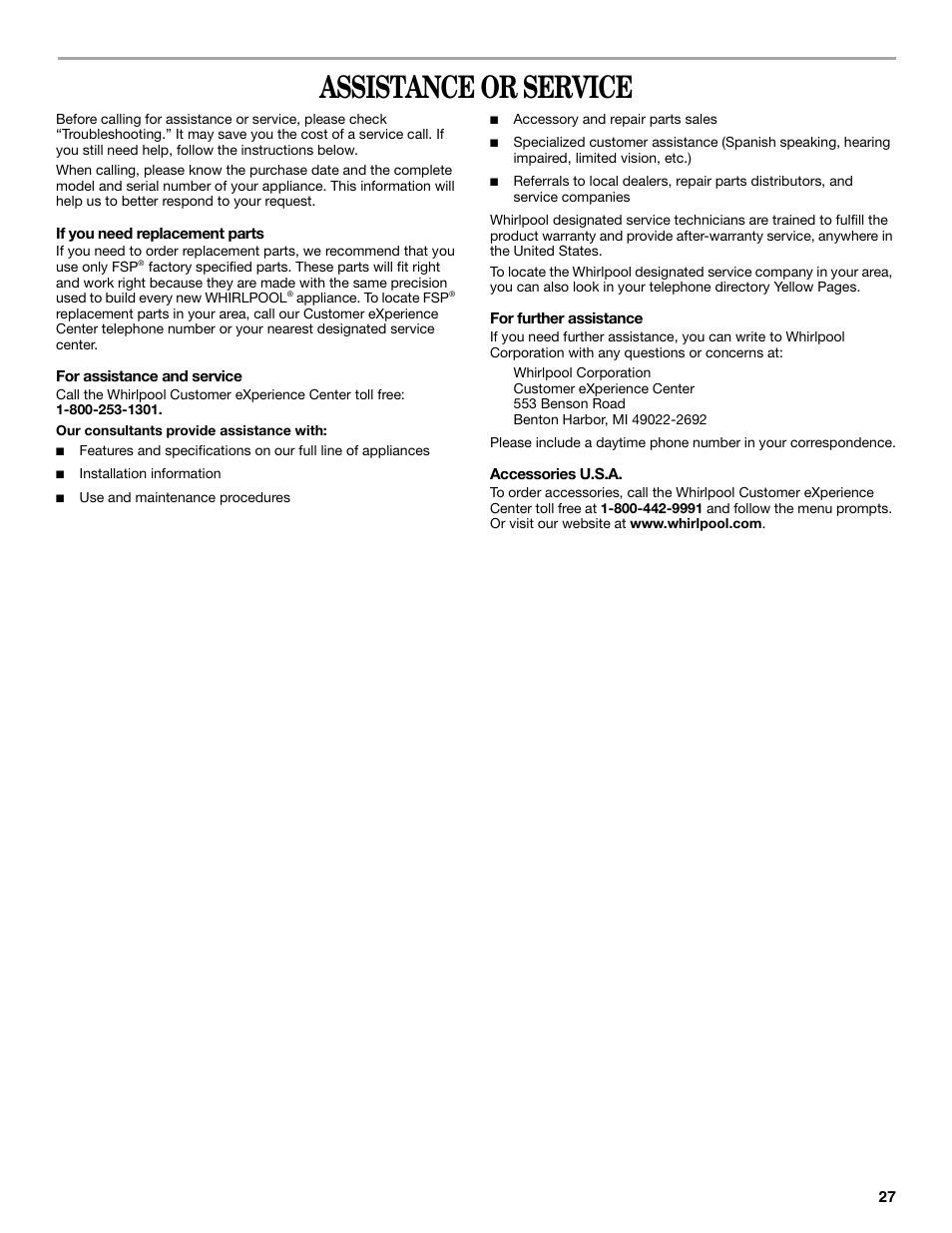 Assistance or service | Whirlpool Duet WED9500T User Manual | Page 27 / 28
