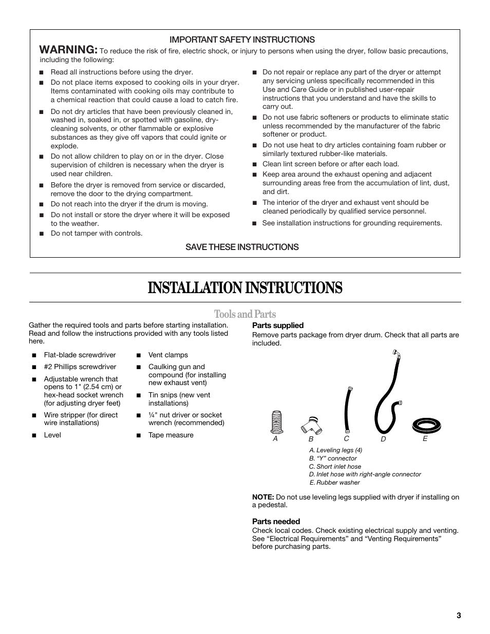 Installation instructions, Tools and parts, Warning | Important safety instructions, Save these instructions | Whirlpool Duet WED9500T User Manual | Page 3 / 28