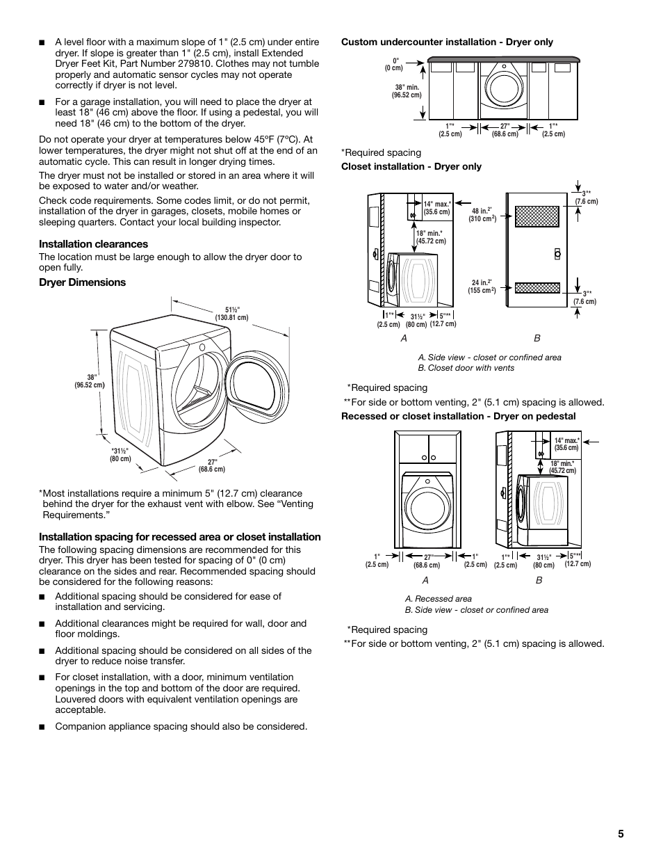 Installation clearances, Dryer dimensions | Whirlpool Duet WED9500T User Manual | Page 5 / 28