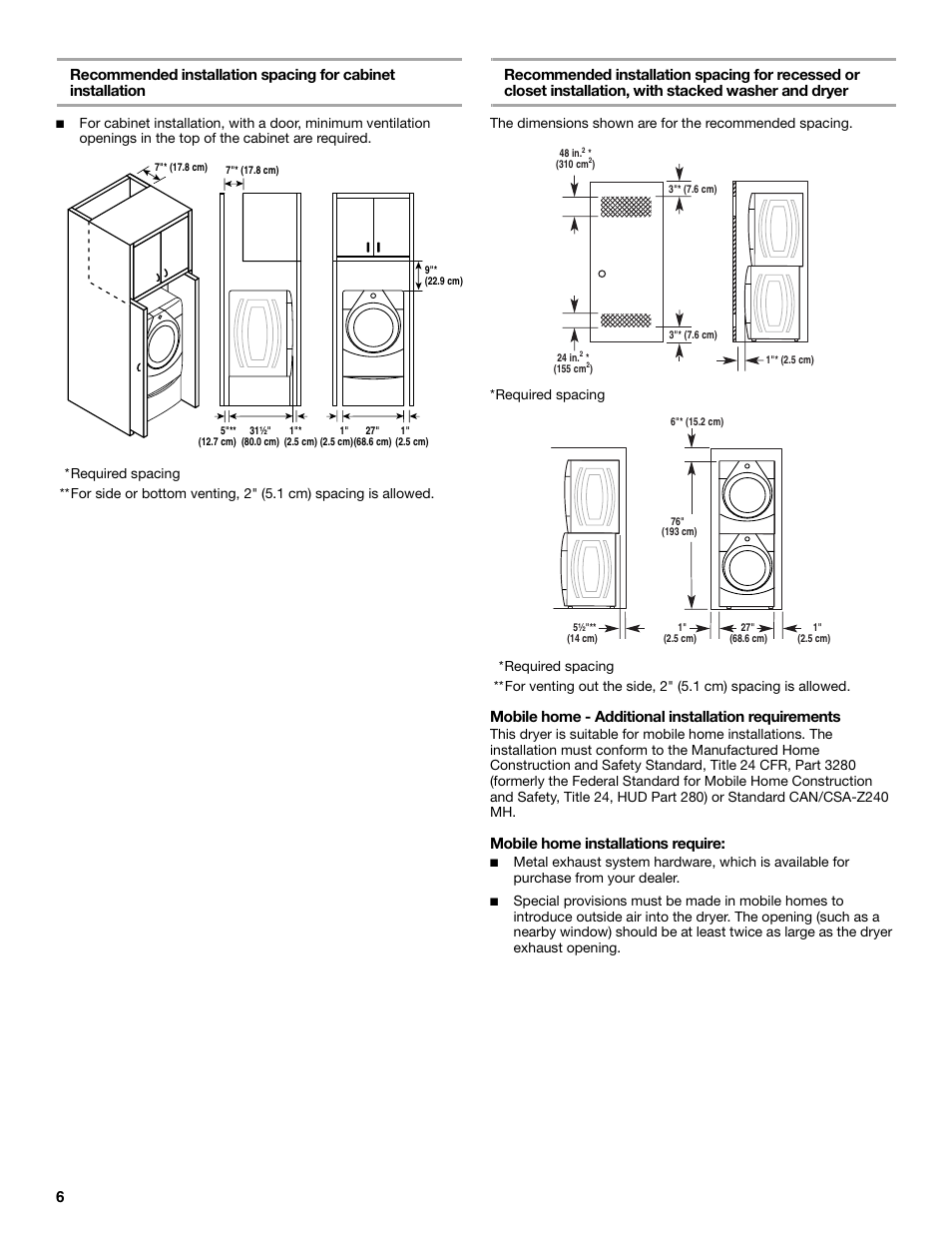 Mobile home - additional installation requirements, Mobile home installations require | Whirlpool Duet WED9500T User Manual | Page 6 / 28