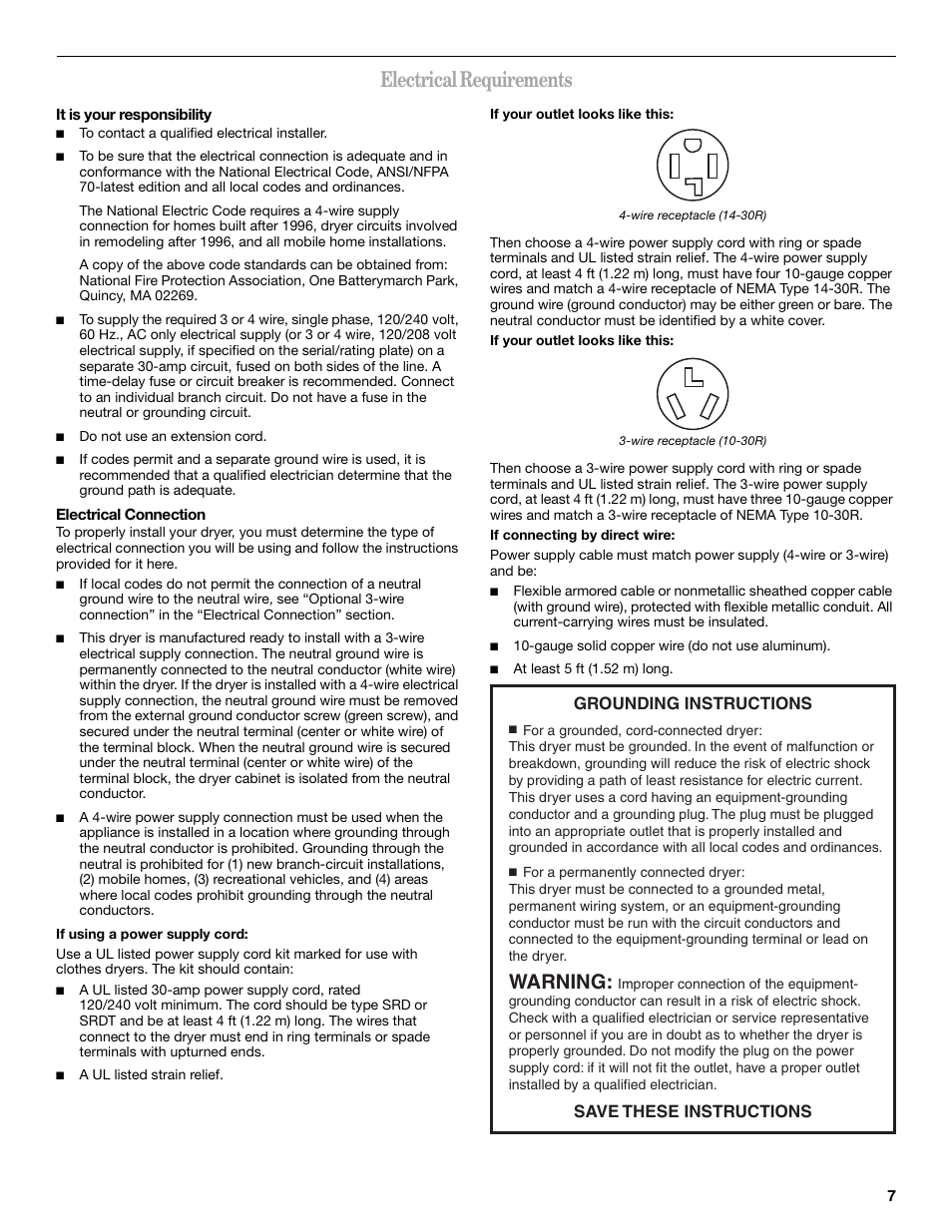 Electrical requirements, Warning, Grounding instructions save these instructions | Whirlpool Duet WED9500T User Manual | Page 7 / 28