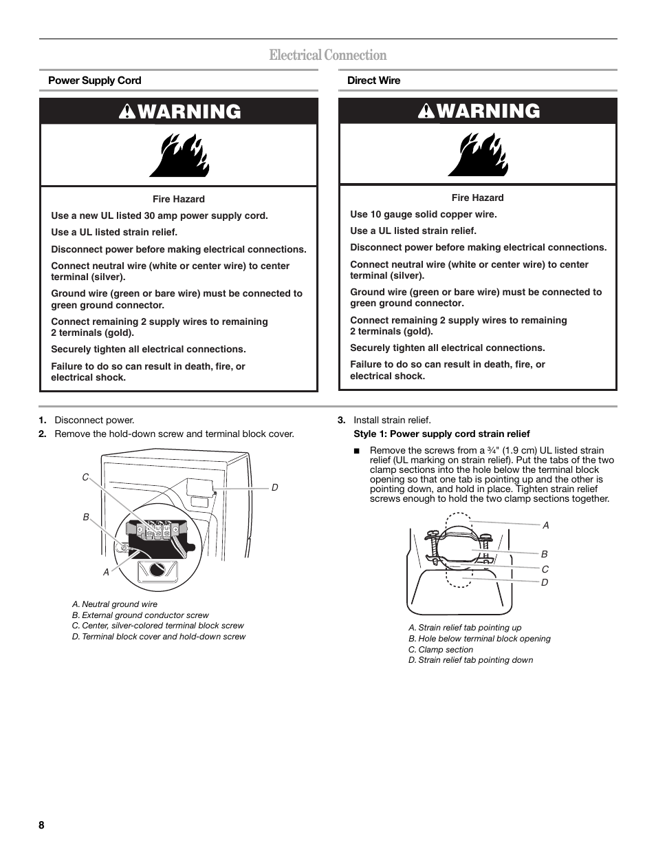 Warning, Electrical connection | Whirlpool Duet WED9500T User Manual | Page 8 / 28