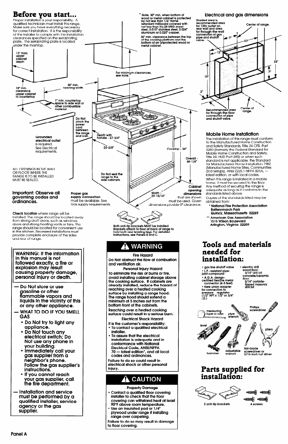 Before you start, Tools and materials, Needed for installation | Parts supplied for installation, Tools and materials needed for installation, A warning, A caution | Whirlpool FGP335BL2 User Manual | Page 2 / 5