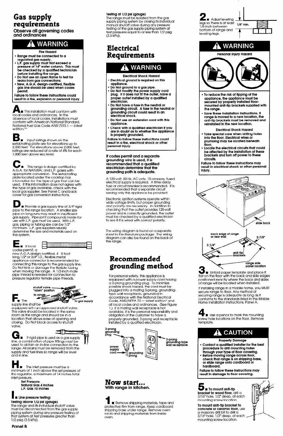 Gas supply requirements, A warning, Electrical | Requirements, Recommended grounding method, Now start, A caution, Electrical requirements, Warning, Caution | Whirlpool FGP335BL2 User Manual | Page 3 / 5