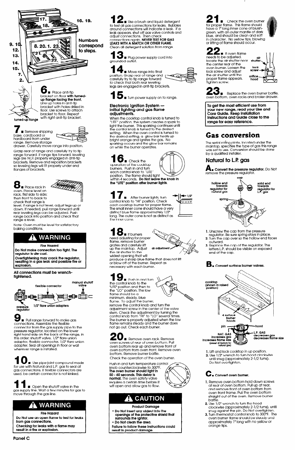 A warning, A caution, Gas conversion | Caution | Whirlpool FGP335BL2 User Manual | Page 4 / 5