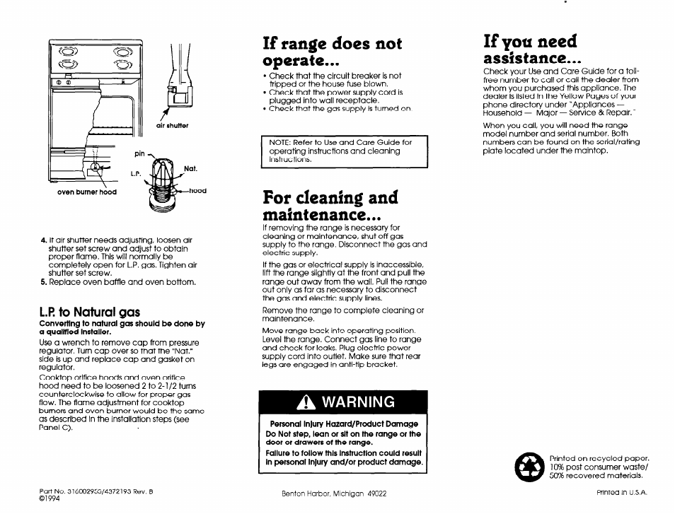 If range does not operate, For cleaning and maintenance, A warning | If yoti need assistance | Whirlpool FGP335BL2 User Manual | Page 5 / 5