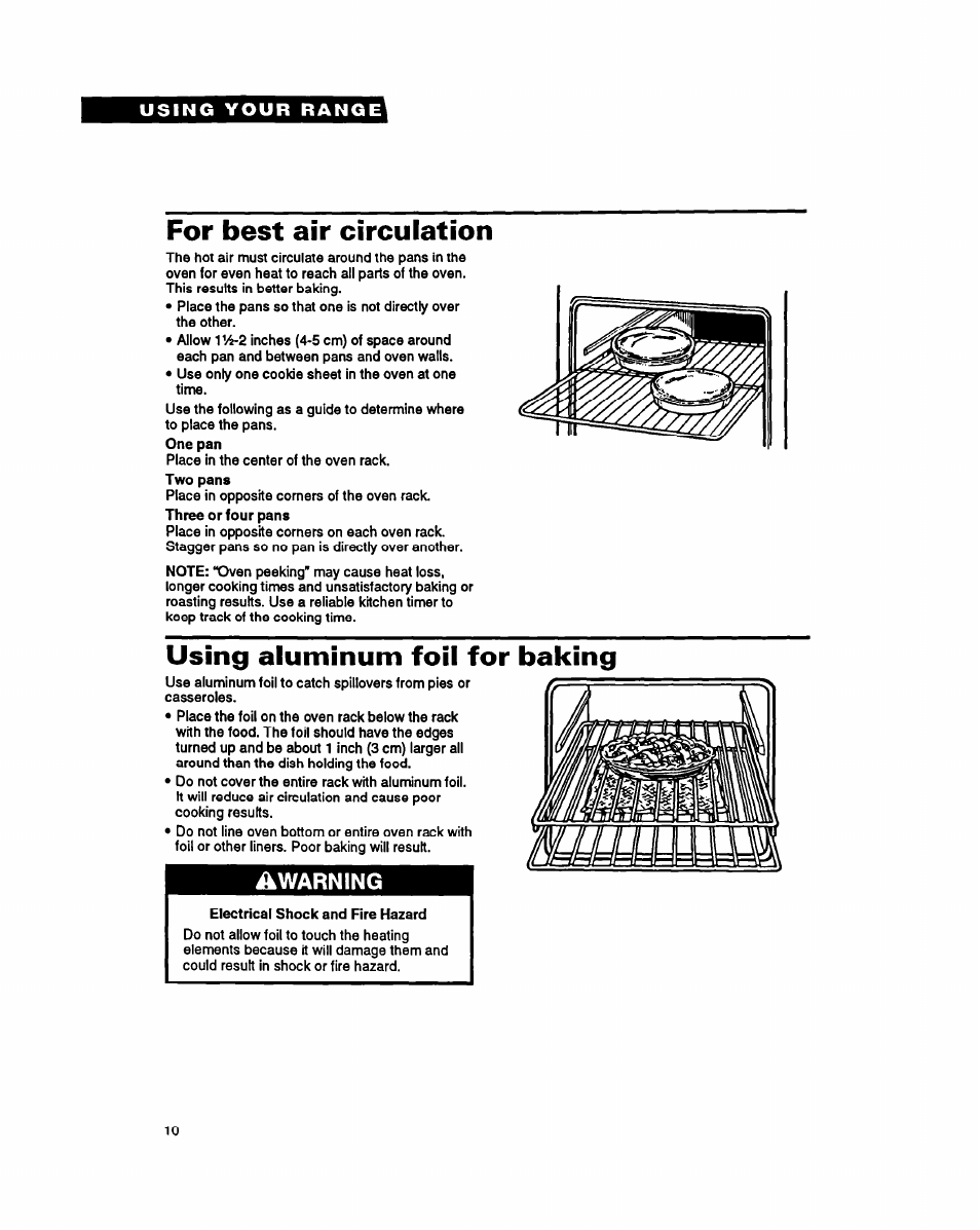 For best air circulation, Using aluminum foil for baking, Mmum | Warning | Whirlpool FEP320Y User Manual | Page 10 / 28
